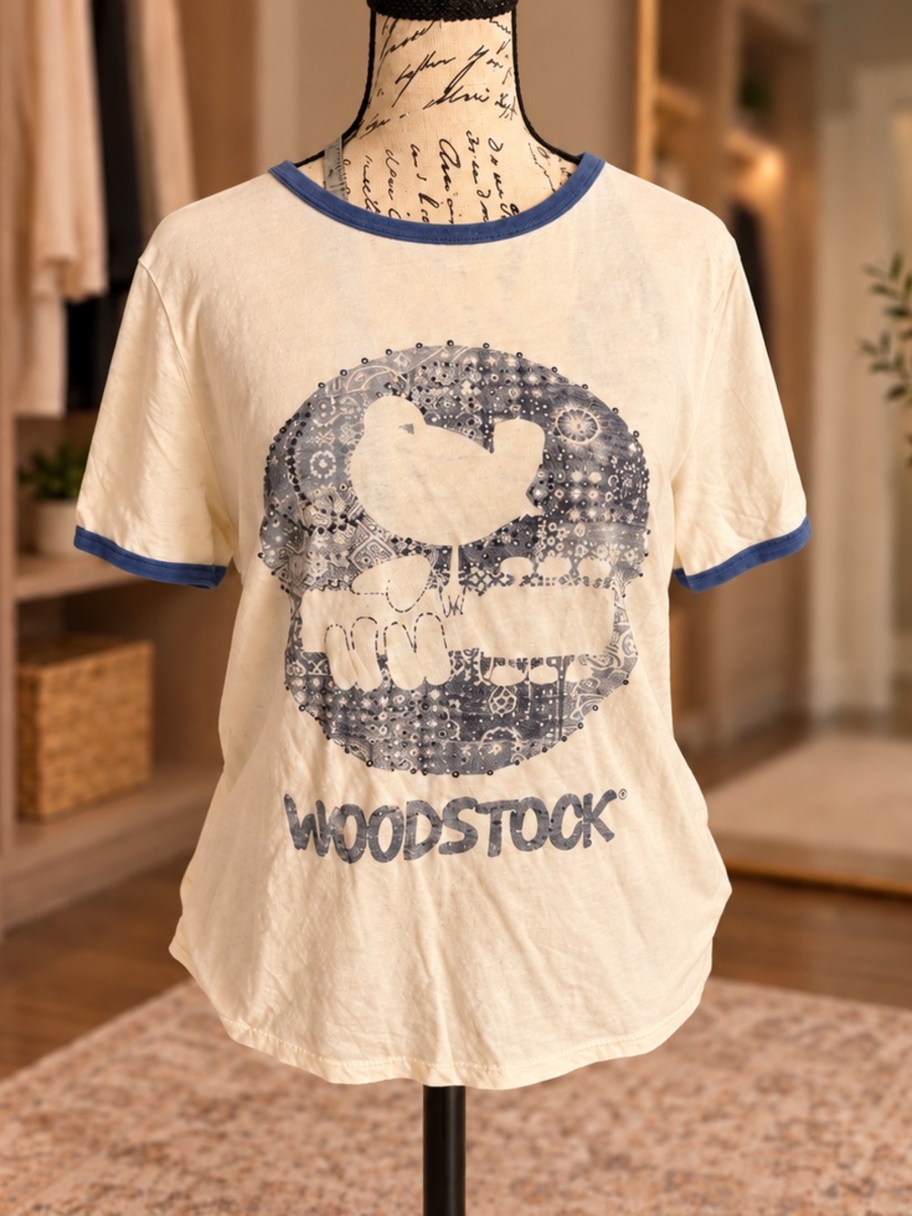 Woodstock Cream Graphic Ringer Tee with Blue Trim